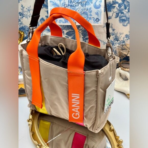 🆕 GANNI 🧿 NWT Small Recycled Tech Tote Bag Crossbody, Khaki & Orange - Picture 8 of 14